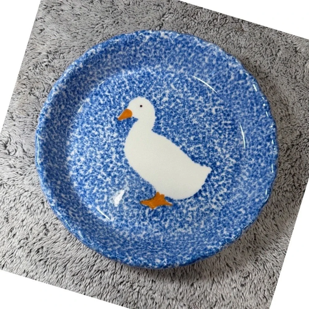 NS Gustin Co Vintage Blue Spongeware Goose Pie Dish Hand Decorated USA 10
